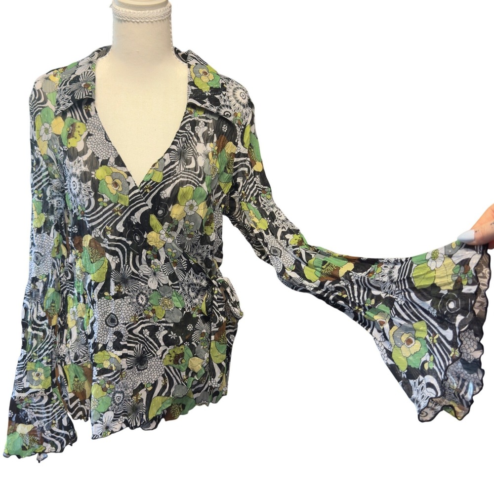 Studio 1940 Womens XL Wrap Top Floral Zebra Print Bell Sleeve Metallic Green